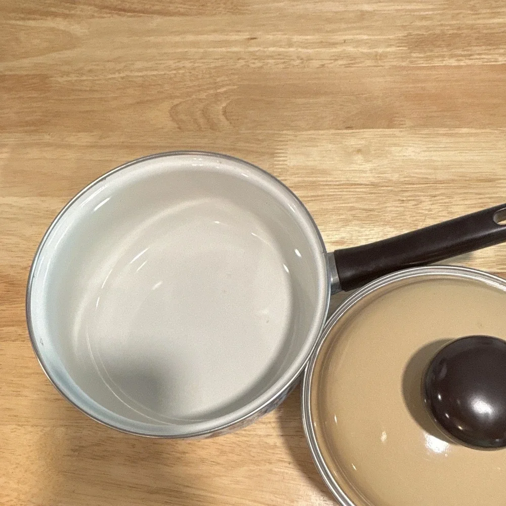 Vintage Crowning Spring Harvest Blossom Porcelain Enamel Saucepan Set w/ Lid